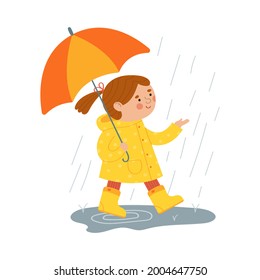 A happy little girl in a raincoat walking through puddles under a cheerful umbrella and enjoying the rain. Autumn activity of children outdoor. Vector cartoon illustration on a white background