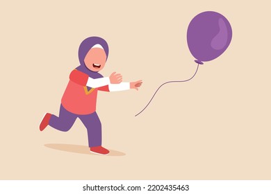 Happy little girl raised up catching up flying away balloon. Cheer up pose concept. Flat vector illustrations isolated. 