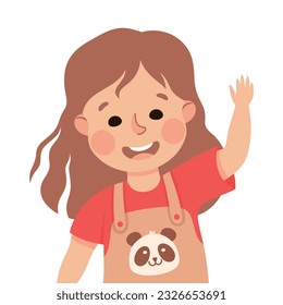 Happy Little Girl with Raised Up Hand Smiling Vector Illustration