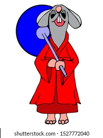 Happy little girl a rat in a red kimono and an umbrella in its paws. Freehand drawing. New year element for design.