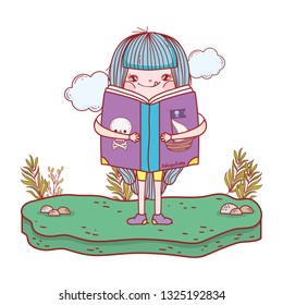 happy little girl reading book in the field
