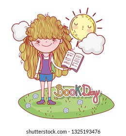 happy little girl reading book with sun kawaii