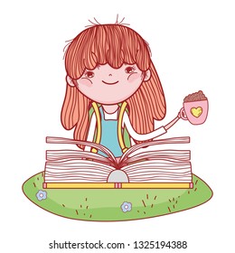 happy little girl reading book in the field
