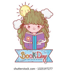 happy little girl reading book with book day ribbon