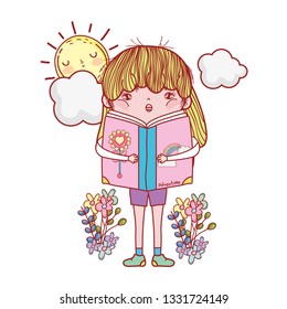 happy little girl reading book with sun kawaii