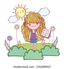 happy little girl reading book with sun kawaii
