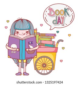 happy little girl reading books with cart and speech bubble