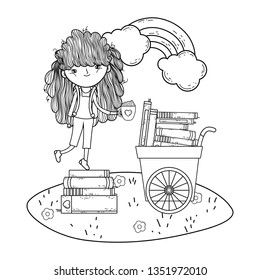 happy little girl reading books with cart in the field