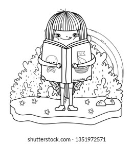 happy little girl reading books with rainbow