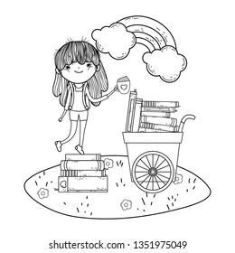 happy little girl reading books with cart in the field