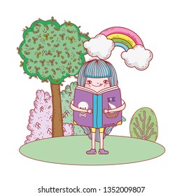 happy little girl reading books with rainbow