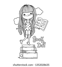 happy little girl reading books