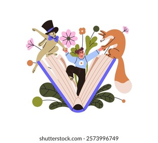 Happy little girl reads fairy tale. Cute kid plays with fairytale book characters. Child has fun by story. Concept of kind childish literature. Flat isolated vector illustration on white background