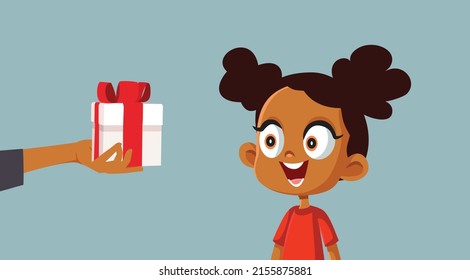 
Happy Little Girl Receiving a Birthday Gift Vector Cartoon Illustration. Astonished daughter surprised by a present on holiday season
