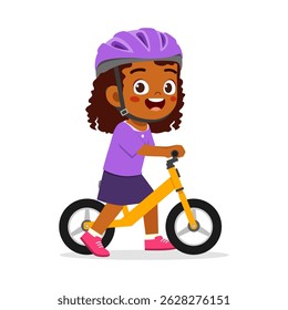 Happy little girl riding balance bike with protective helmet in cartoon style illustration