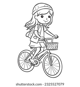 Happy little girl riding a bicycle. Vector black and white coloring page, line art, clipart