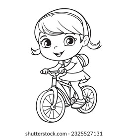 Happy little girl riding a bicycle. Vector black and white coloring page, line art, clipart