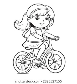 Happy little girl riding a bicycle. Vector black and white coloring page, line art, clipart