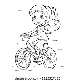 Happy little girl riding a bicycle. Vector black and white coloring page, line art, clipart