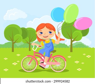 Happy little girl riding bike. Vector flat illustration 