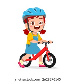Happy Little Girl Riding a Red Balance Bike with Blue Helmet and Smiling in Cartoon Style