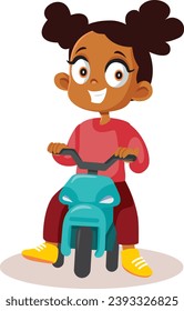 
Happy Little Girl Riding a Scooter Tricycle Vector Cartoon Character. Funny kid enjoying her three-wheeled bike learning to ride it 
