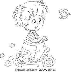 Happy little girl riding a toy scooter and playing with a merry butterfly on a playground in a park on summer vacation, black and white vector cartoon illustration for a coloring book