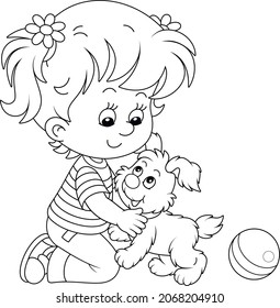 Happy little girl romping and playing with her merry small puppy, black and white outline vector cartoon illustration for a coloring book page