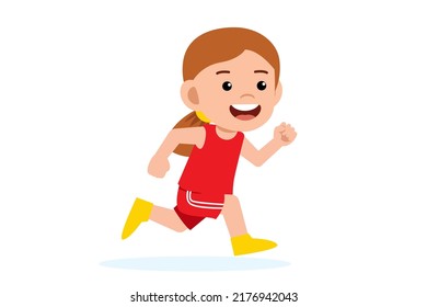 Happy little girl run. Cute kid exercise vector illustration