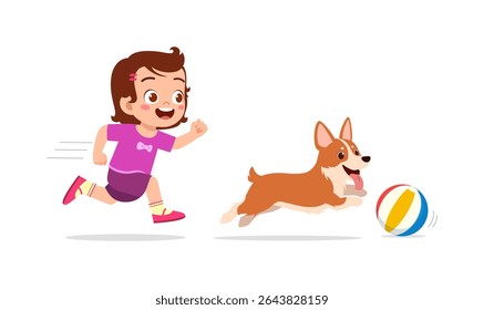 Garotinha feliz correndo com Corgi cão em direção a uma bola, jogando ao ar livre juntos