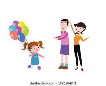 Happy little girl running to her parents while holding colorful balloons