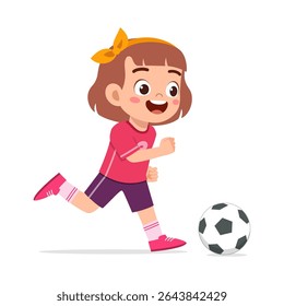 Menina feliz correndo para chutar uma bola de futebol, ilustração estilo desenhos animados com humor alegre