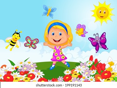 Happy little girl running on flower field