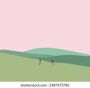 Happy little girl running and playing on green field in mountains on sunny summer day. Leisure and nature on holiday concept.