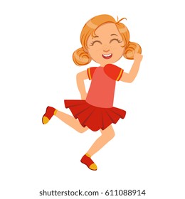Happy little girl running and smiling in red dress, a colorful character