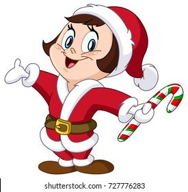 Happy little girl in a Santa Claus costume holding a candy cane