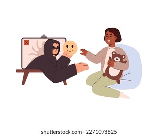 Happy little girl and scammer gets out of monitor flat style, vector illustration isolated on white background. Children internet safety concept, media, trust and deceit