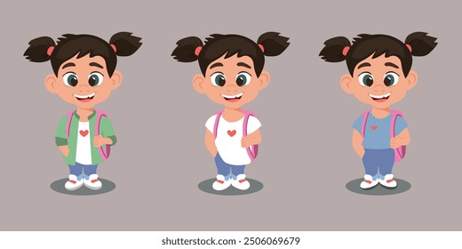 Happy little girl. Several clothing options: jacket, jeans, T-shirt, sneakers and a backpack. Vector character of a joyful girl for children's clothing website, book cover, poster, children's leisure