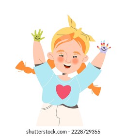 Happy Little Girl Sharing Positive Vibes Showing Smiley Drawn on Her Hand Palm Vector Illustration