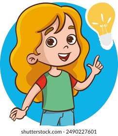 happy little girl shows finger up. child got new idea. cartoon vector illustration