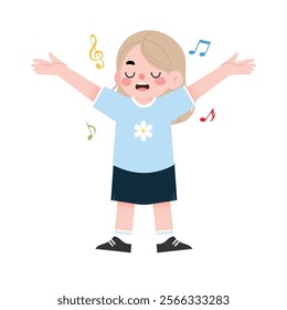 Happy Little Girl Singing Blonde Hair Child Music Cartoon Illustration