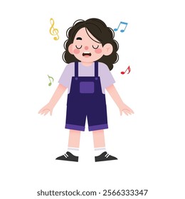 Happy Little Girl Singing Cute Child Musician Cartoon Illustration