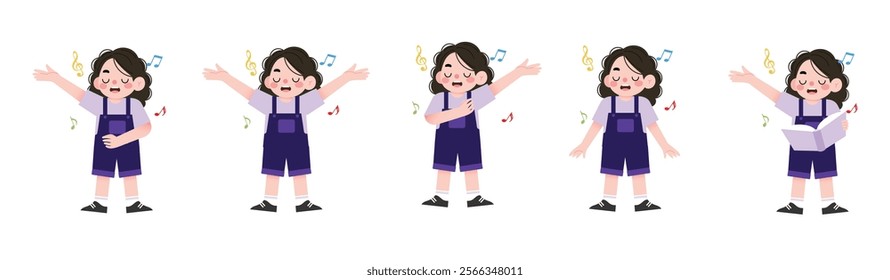 Happy Little Girl Singing Multiple Poses Music Notes Child Performer Illustration