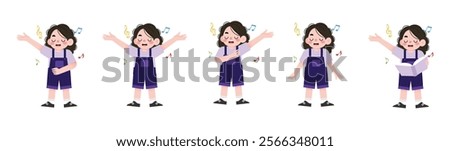 Happy Little Girl Singing Multiple Poses Music Notes Child Performer Illustration