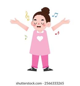 Happy Little Girl Singing Music Notes Joyful Child Cartoon Illustration Pink Dress