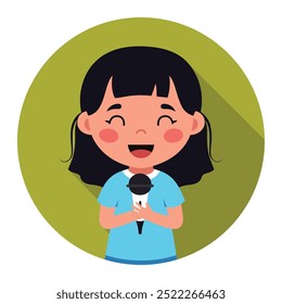 menina feliz cantando uma música com uma ilustração de microfone