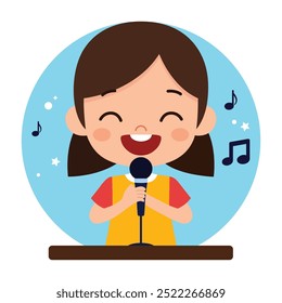 happy little girl singing a song with a microphone illustration