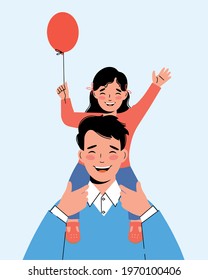 Happy little girl sits on her father's shoulders. Concept of a friendly family. Father's Day.