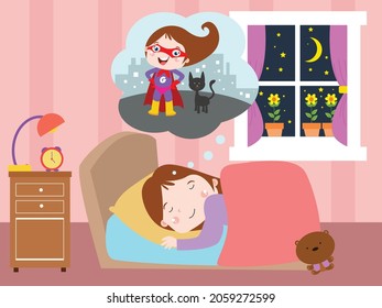 Happy little girl sleeping on bedroom while dreaming to be a superhero at night