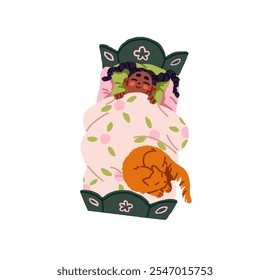 Niña feliz duerme con vista superior del gato. Niño lindo que miente en la almohada debajo de la manta en la noche. Niño negro dormido con coletas tiene un descanso, siestas en la cama. Ilustración vectorial aislada plana en blanco